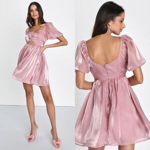 Lulus Sweet Delight Shiny Pink Organza Rosette Mini Dress L Wedding Party Prom